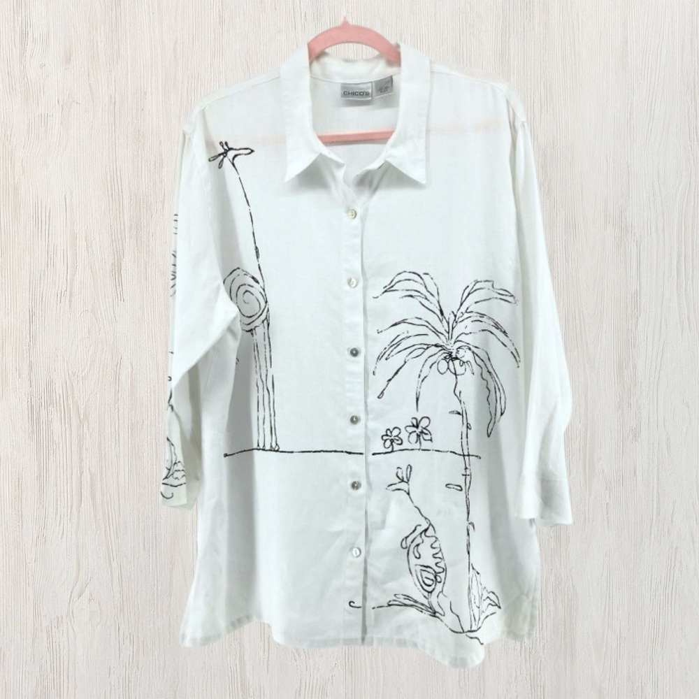 Chico's Women Linen Button Front Shirt Size 3 White Palm Tree Art Top Resortwear
